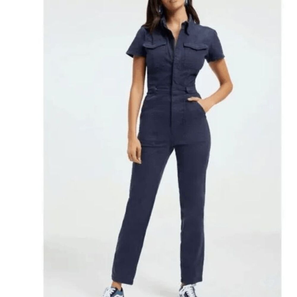 Good American Fit For Success Jumpsuit Short Sleeve Blue Rinse Denim Size 2‎